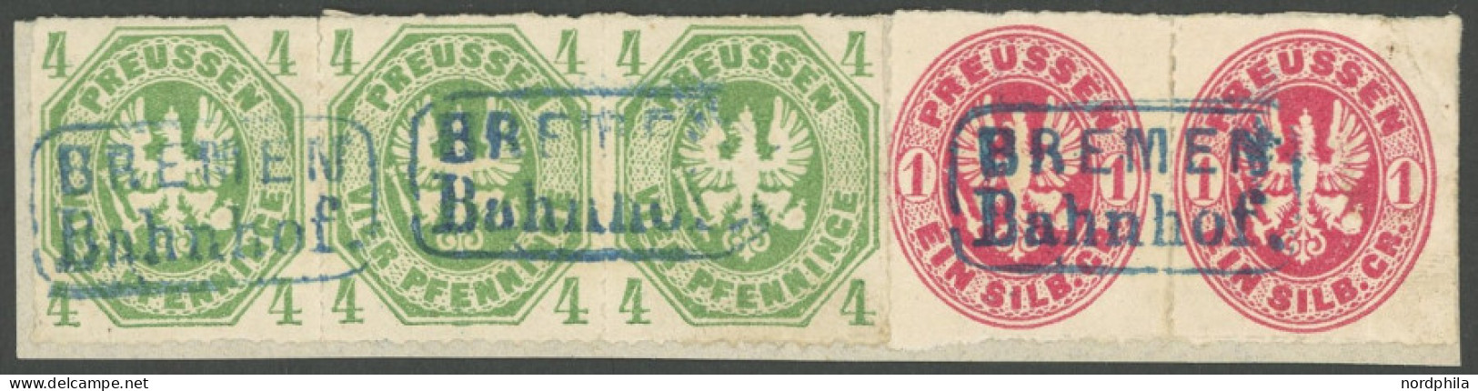 PREUSSEN 14a,16a BrfStk, 1861, 4 Pf. Gelblichgrün Im Waagerechten Dreierstreifen Und Waagerechtem Paar 1 Sgr. Rosa Auf B - Autres & Non Classés