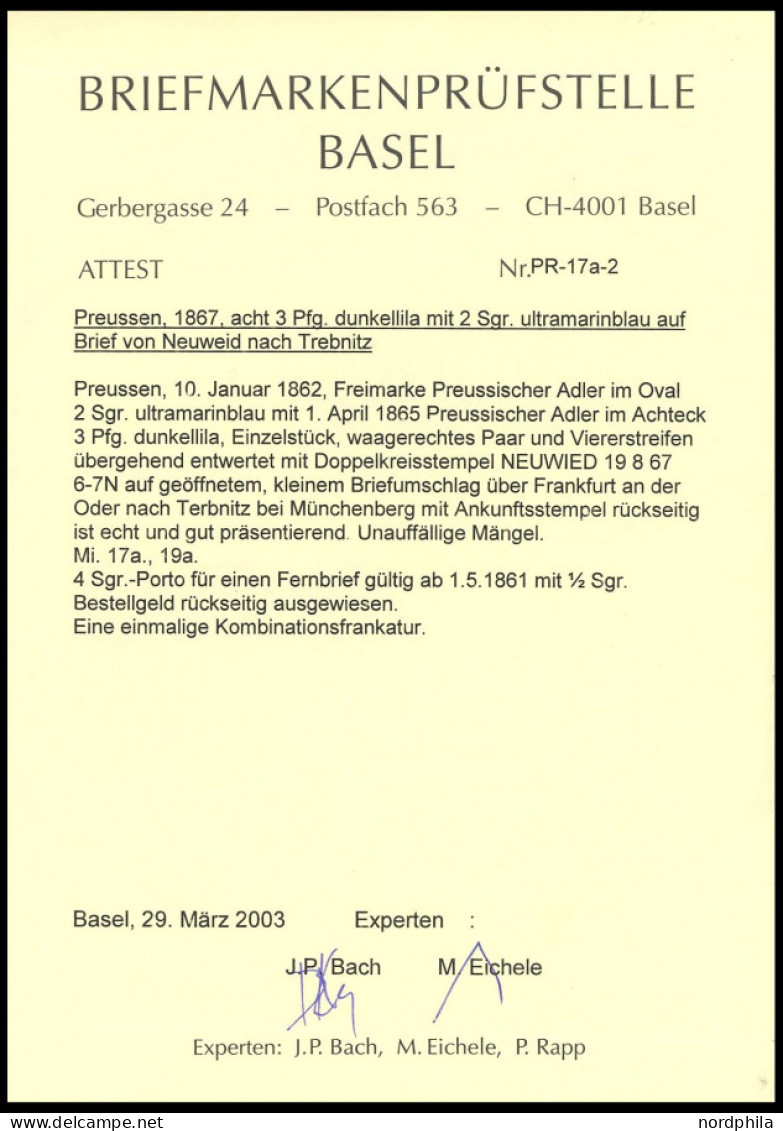 PREUSSEN 17a,19a BRIEF, 1867, 3 Pf. Dunkellila Im Waagerechten Viererstreifen, Paar Und 2 Einzelmarken 2 Sgr. Ultramarin - Autres & Non Classés