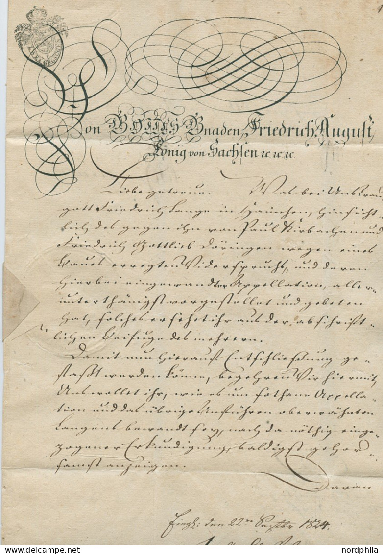 SACHSEN Sachsen 1824, Schöner Calligraphierter Postvorschußbrief Aus Dresden Nach Wingendorf. Entwertet Mit Dem Wellenar - Préphilatélie