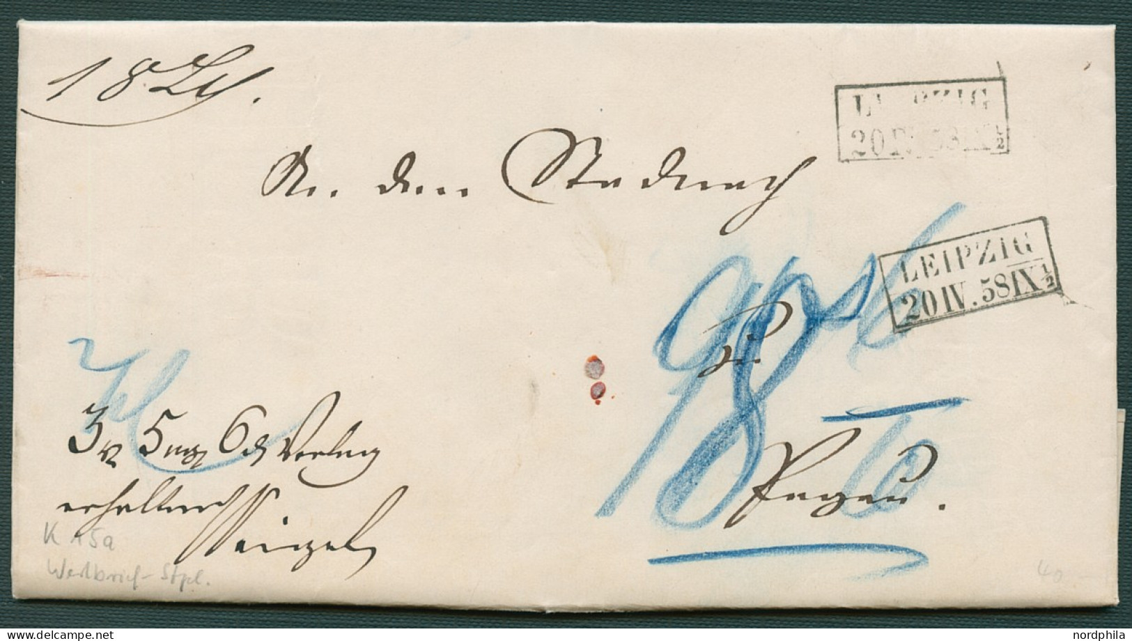 SACHSEN 1858, Unfrankierter Postvorschussbrief, Von Leipzig Nach Pegau, Mit Schwarzem Rechteckstempel LEIPZIG, Mit Gebüh - Saxe