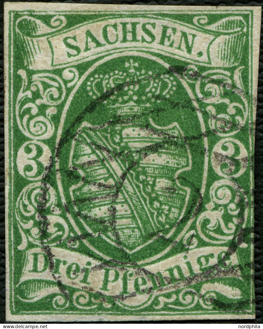 SACHSEN 2Ia O, 1851, 3 Pf. Dunkelgrün, Mit Nummernstempel 2 Von Leipzig, Rechts Ist Die Randlinie Minimal Berührt, Sonst - Saxe