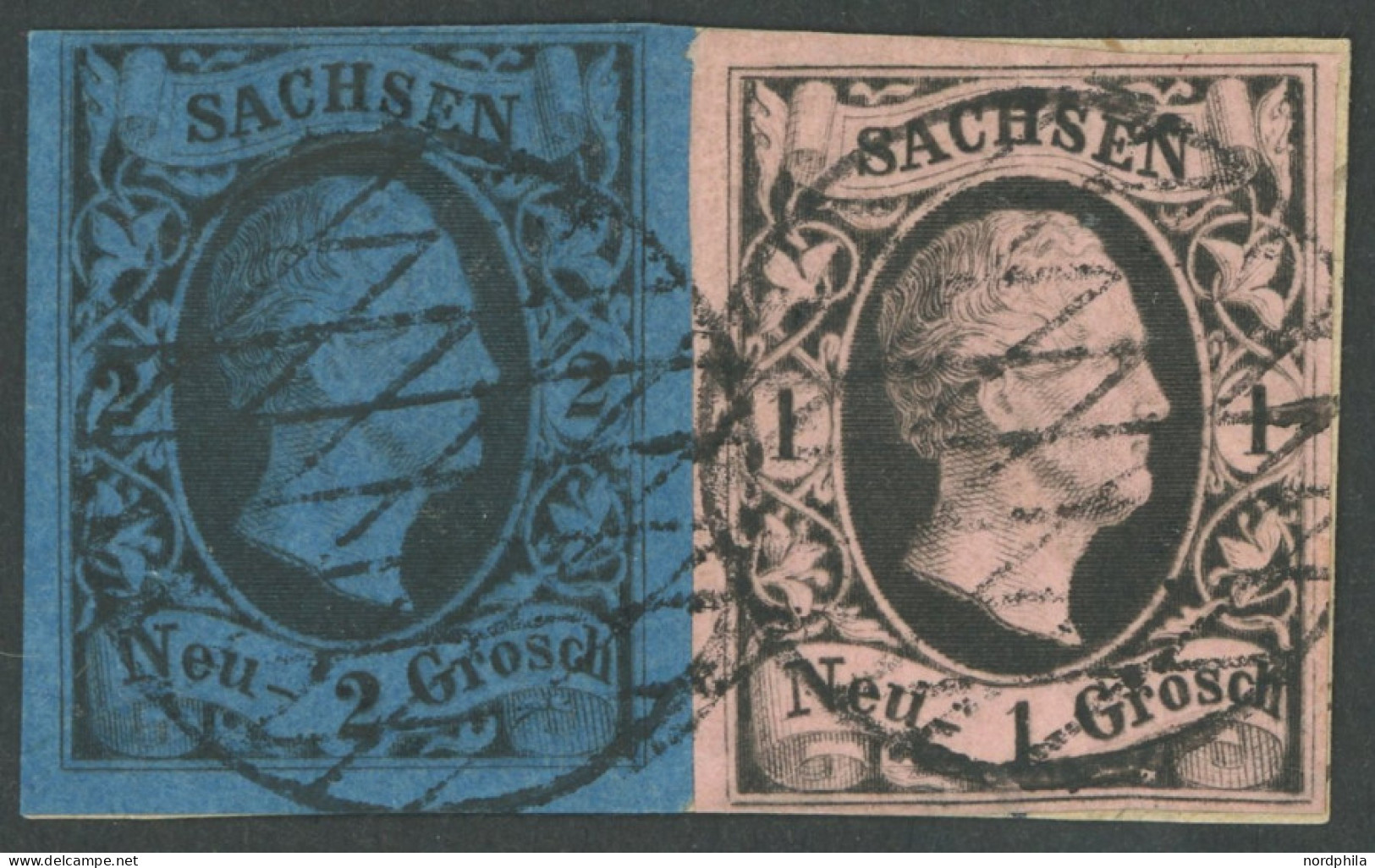 SACHSEN 4IIa,7 BrfStk, 1851, 1 Ngr. Schwarz Auf Mattkarminrot, Type II Und 2 Ngr. Schwarz Auf Mittelblau, Voll-breitrand - Saxony