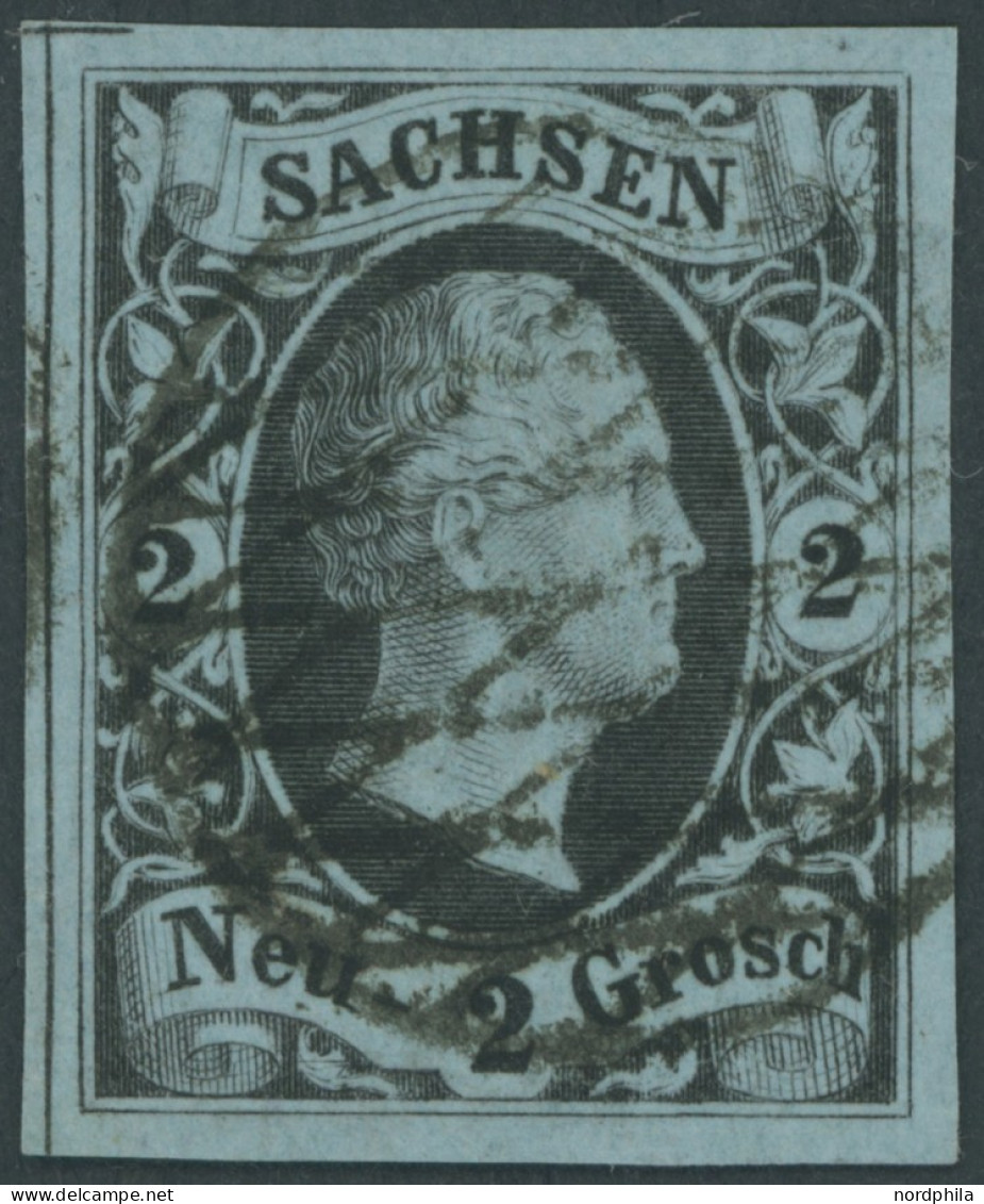 SACHSEN 5 O, 1851, 2 Ngr. Schwarz Auf Mattpreußischblau, Links Mit Trennlinie Und Eckwinkel, Kabinett, Gepr. Grobe - Sachsen
