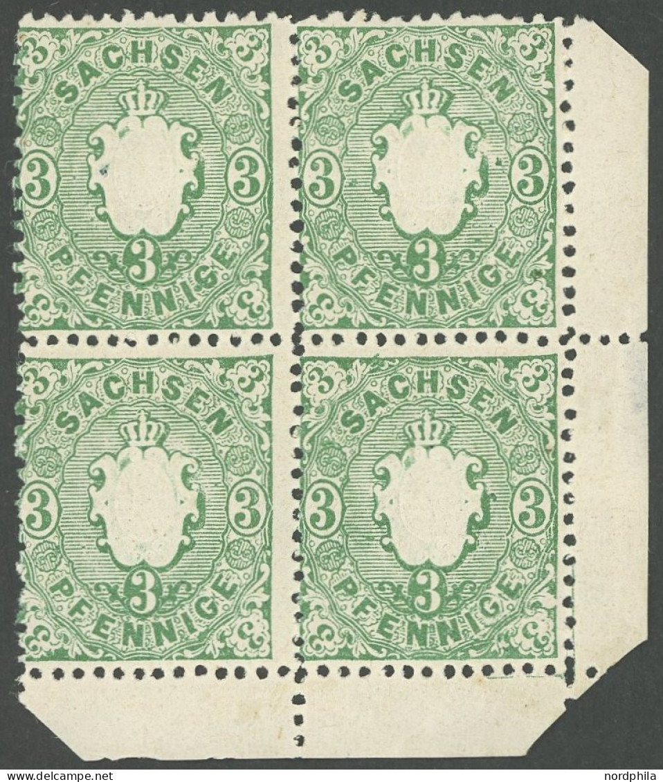 SACHSEN 14a VB , 1863, 3 Pf. Grün Im Postfrischen Viererblock Aus Der Rechten Unteren Bogenecke, Feld 100 Mit Plattenfeh - Sachsen