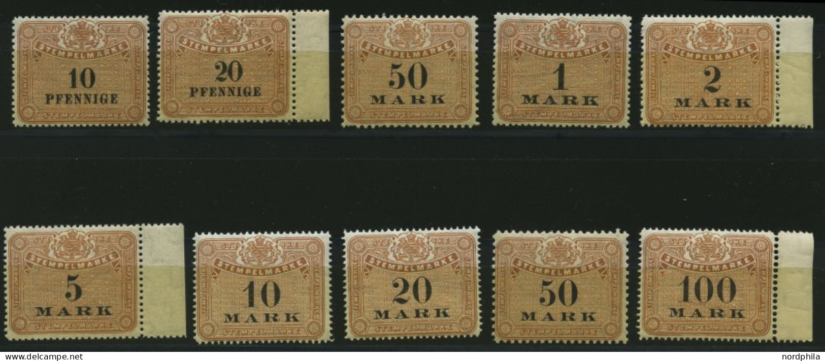 SACHSEN , 1910, 10 Pf. - 100 Mk. Stempelmarken, Wz. Treppen, 10 Werte Postfrisch, Pracht - Sachsen