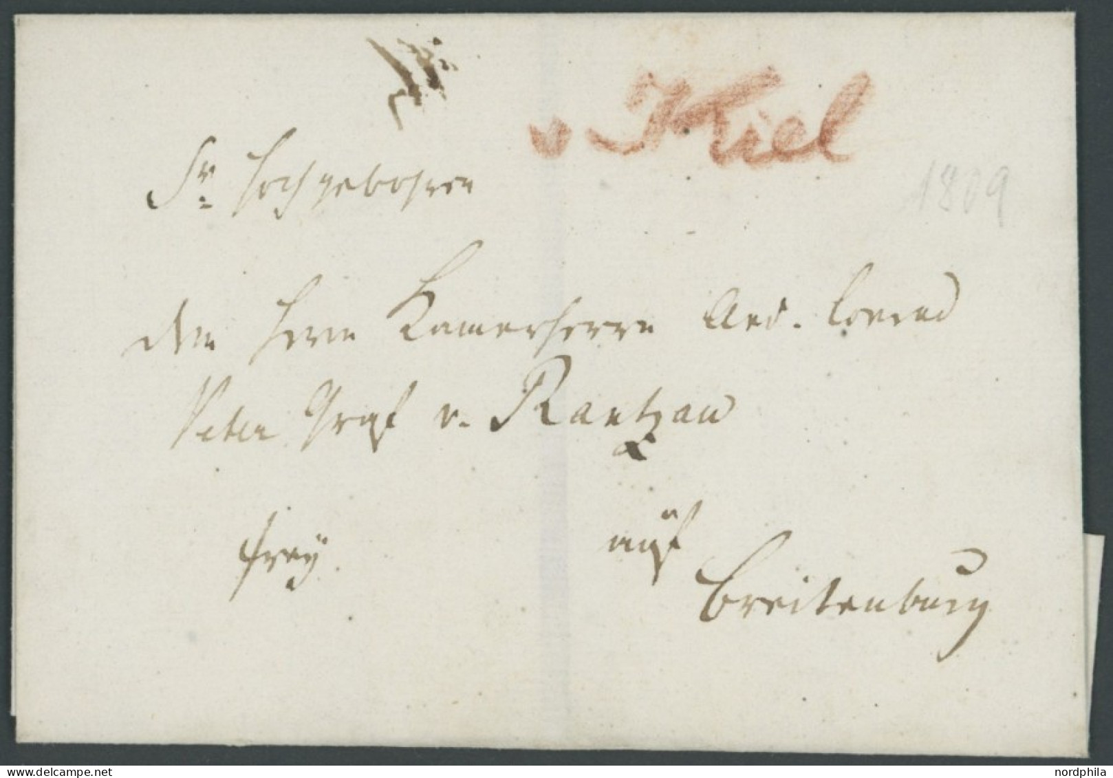 SCHLESWIG-HOLSTEIN 1809, V KIEL Handschriftlich In Rot Auf Briefhülle An Graf Von Rantzau Auf Breitenburg, Kabinett, R! - Vorphilatelie