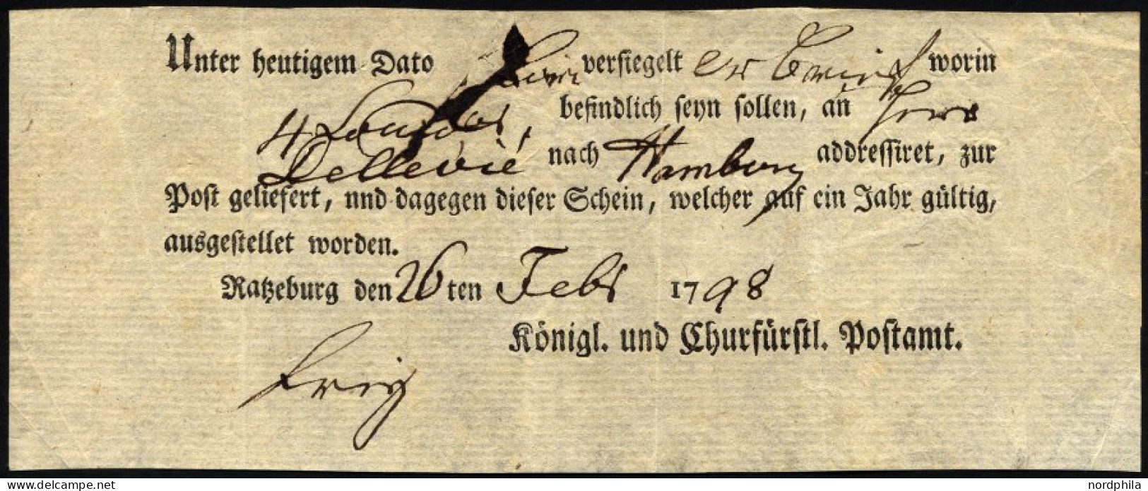 SCHLESWIG-HOLSTEIN RATZEBURG, Ortsdruck Auf Einlieferungsschein: Unter Heutigem Dato.... (1798), Pracht - Prephilately