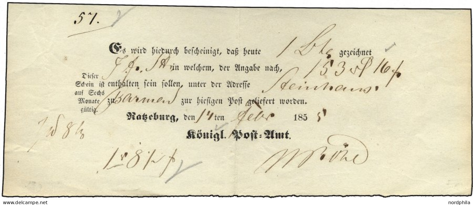 SCHLESWIG-HOLSTEIN RATZEBURG, Ortsdruck Auf Einlieferungsschein (1855), Feinst - Prephilately