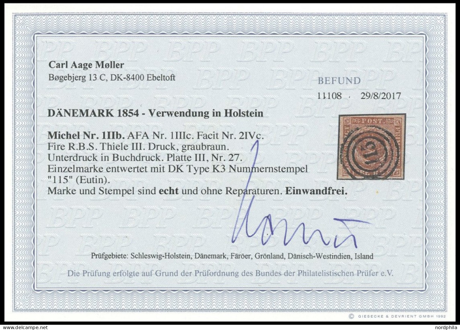 SCHLESWIG-HOLSTEIN DK 1IIb O, 115 (EUTIN) Auf 4 RBS Graubraun (Facit 2IVc), Platte III Nr. 27, Kabinett, Fotobefund C.A. - Schleswig-Holstein