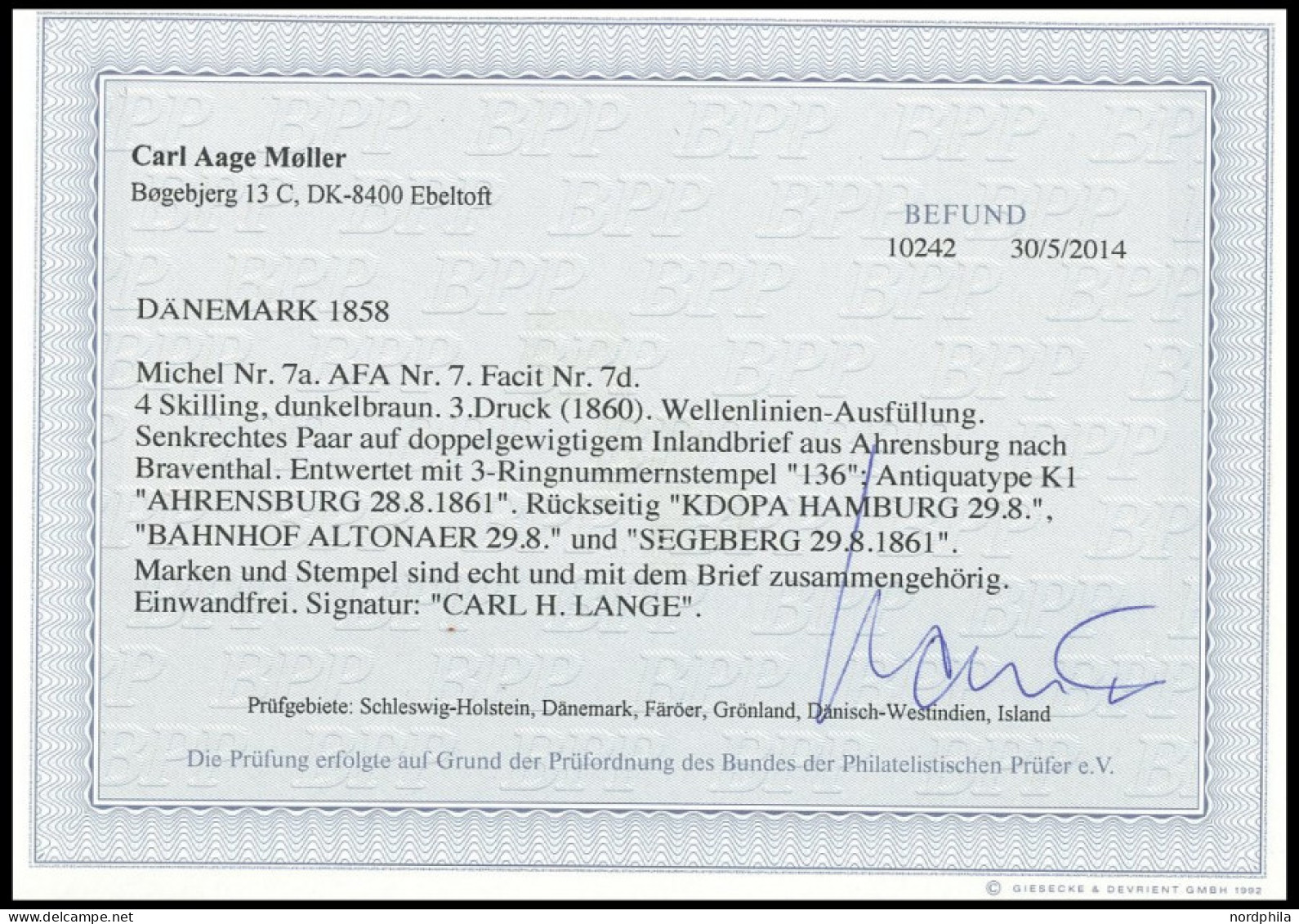 SCHLESWIG-HOLSTEIN DK 7a Paar BRIEF, 136 (AHRENSBURG) Auf Brief Mit Senkrechtem Paar 4 S. Orangebraun Liniert Nach Bruns - Schleswig-Holstein