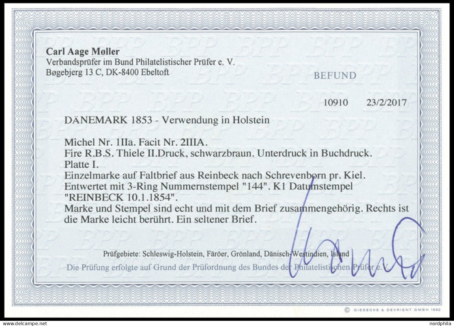 SCHLESWIG-HOLSTEIN DK 1IIa BRIEF, 144 (RHEINBECK) Auf Kleinem Brief Nach Schrevenborn Mit 4 RBS Schwarzbraun, Marke Rech - Schleswig-Holstein