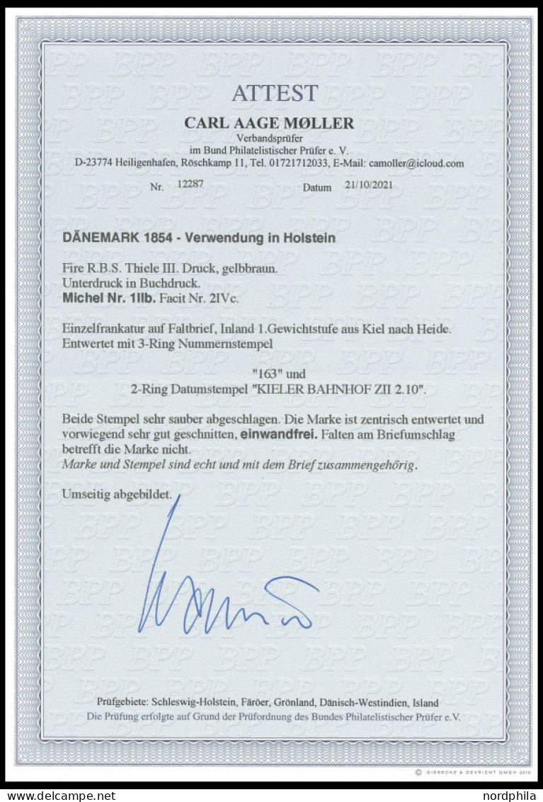 SCHLESWIG-HOLSTEIN DK 1IIb BRIEF, 163 (KIELER BAHNHOF) Auf 4 RBS Gelbbraun (Facit 2IVc), Prachtbrief Nach Heide, Fotoatt - Schleswig-Holstein