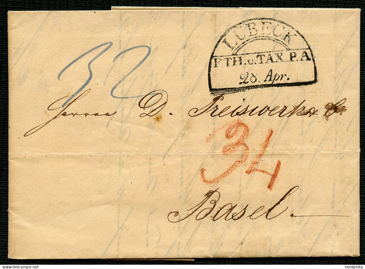 THURN Und TAXIS 1843, Halbkreisstempel LÜBECK F.TH. U. TAX. P.A., Roter Taxvermerk 34 Und Blauer Taxvermerk 32, Roter An - Prephilately