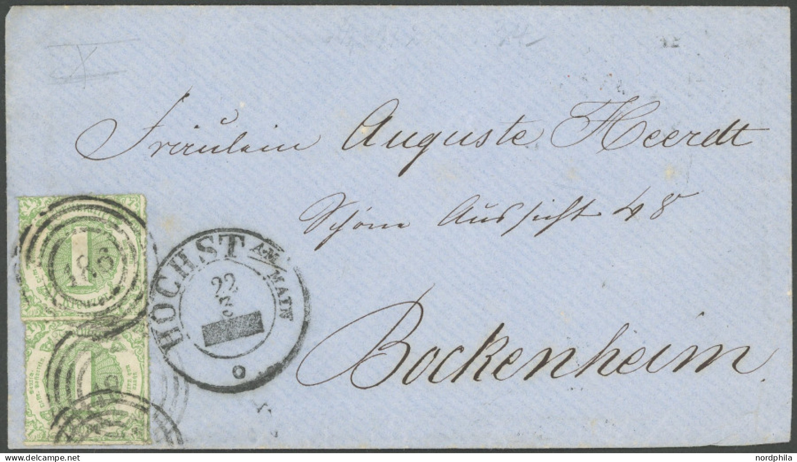 THURN Und TAXIS 41 BRIEF, 1865, 2 Kr. Gelblichgrün, 2x Auf Brief Mit Nummernstempel 186 Von Höchst Nach Bockenheim, Prac - Other & Unclassified