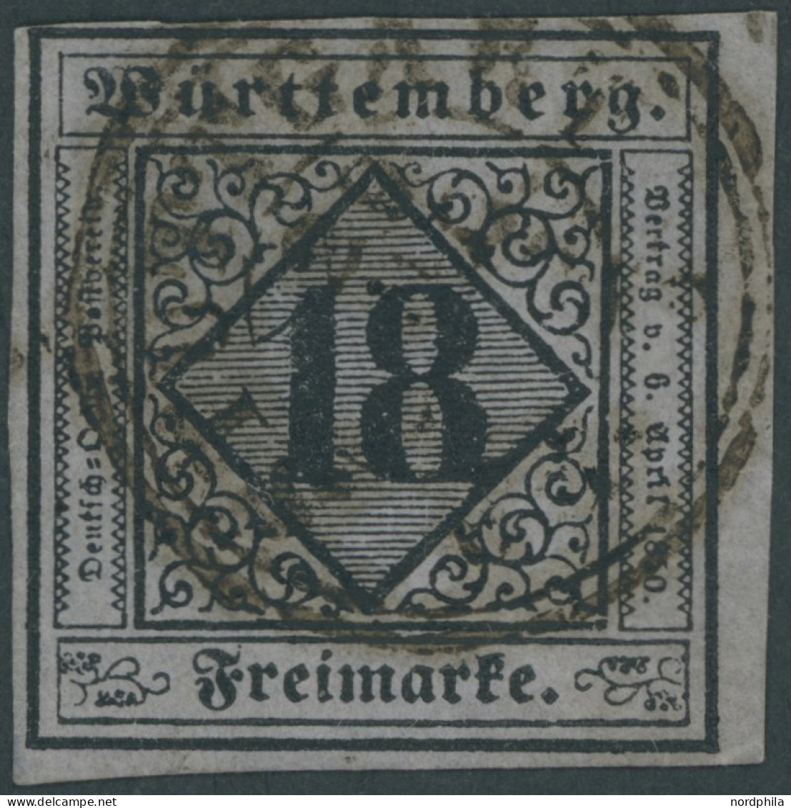 WÜRTTEMBERG 5I O, 1851, 18 Kr. Schwarz Auf Bläulichviolett, Type I, Schwarzer K3, Oben Links Etwas Knapp Sonst Voll-brei - Other & Unclassified