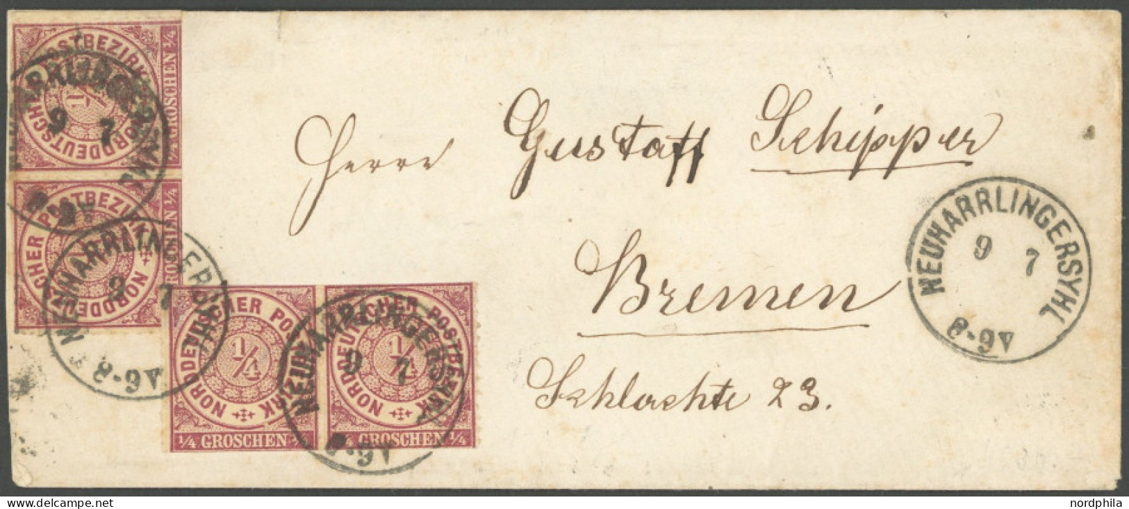 NDP 1b Paar BRIEF, 1868, 1/4 Gr. Bräunlichlila, 2 Waagerechte Paare (teils Scherentrennung) Mit K1 NEUHARRLINGERSYL (ohn - Sonstige & Ohne Zuordnung