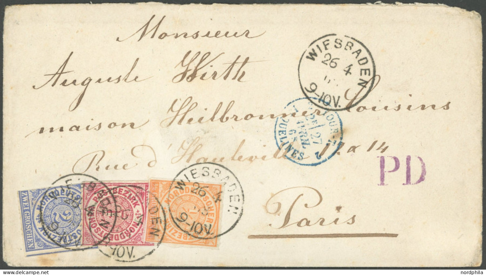 NDP 3-5 BRIEF, 1868, Dreifarbenfrankatur Von WIESBADEN Nach Paris, Feinst - Briefe U. Dokumente