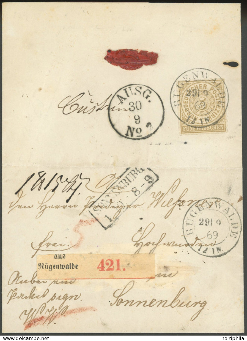 NDP 6 BRIEF, 1869, 5 Gr. Olivbraun, Rückseitig Als Einzelfrankatur Auf Kleinem Paketbegleitbrief Von RÜGENWALDE Nach Son - Briefe U. Dokumente