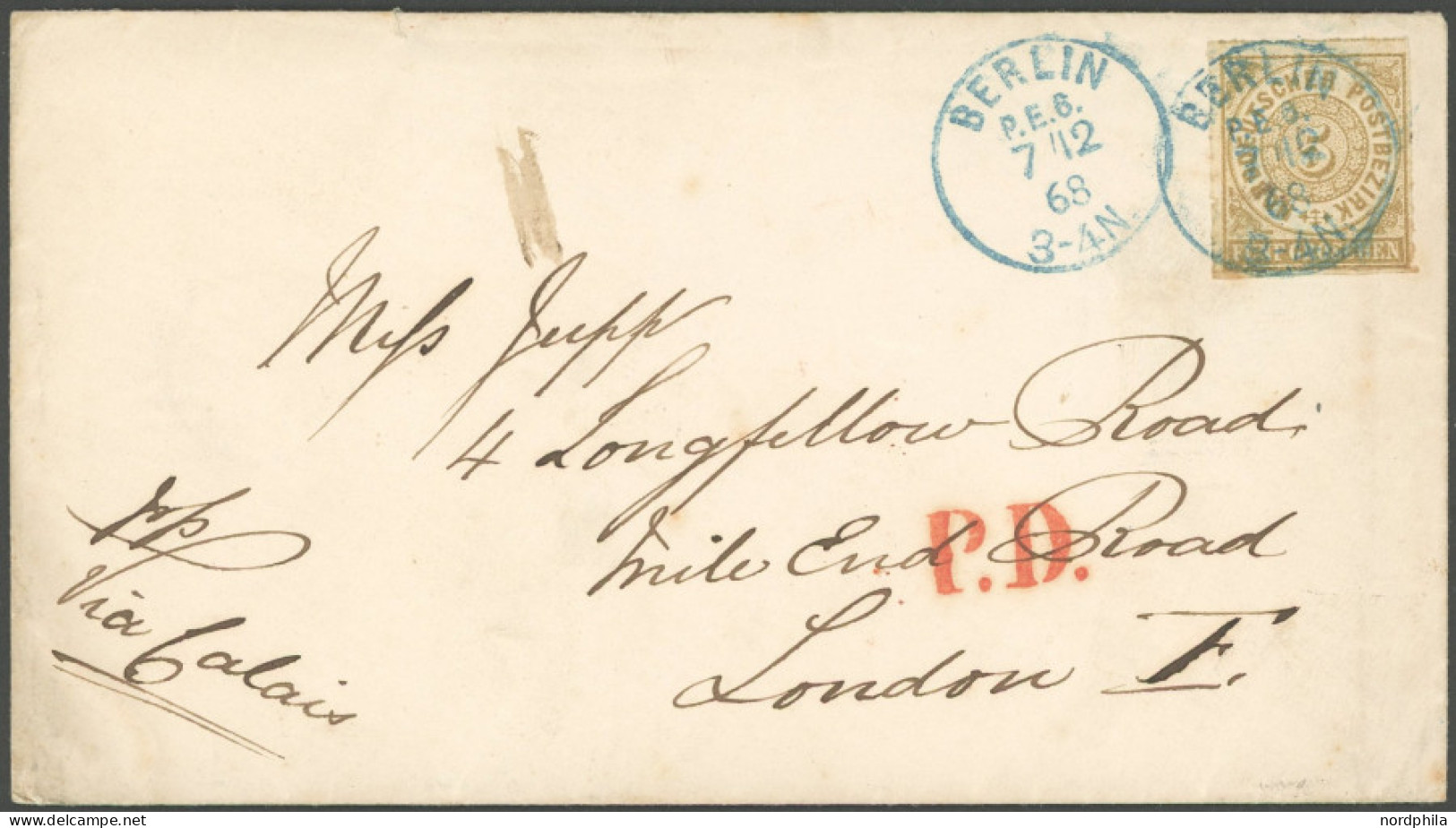 NDP 6 BRIEF, 1868, 5 Gr. Braun, Als Einzelfrankatur Auf Brief Nach London, Blauer K1 BERLIN P.E.6, Feinst - Covers & Documents