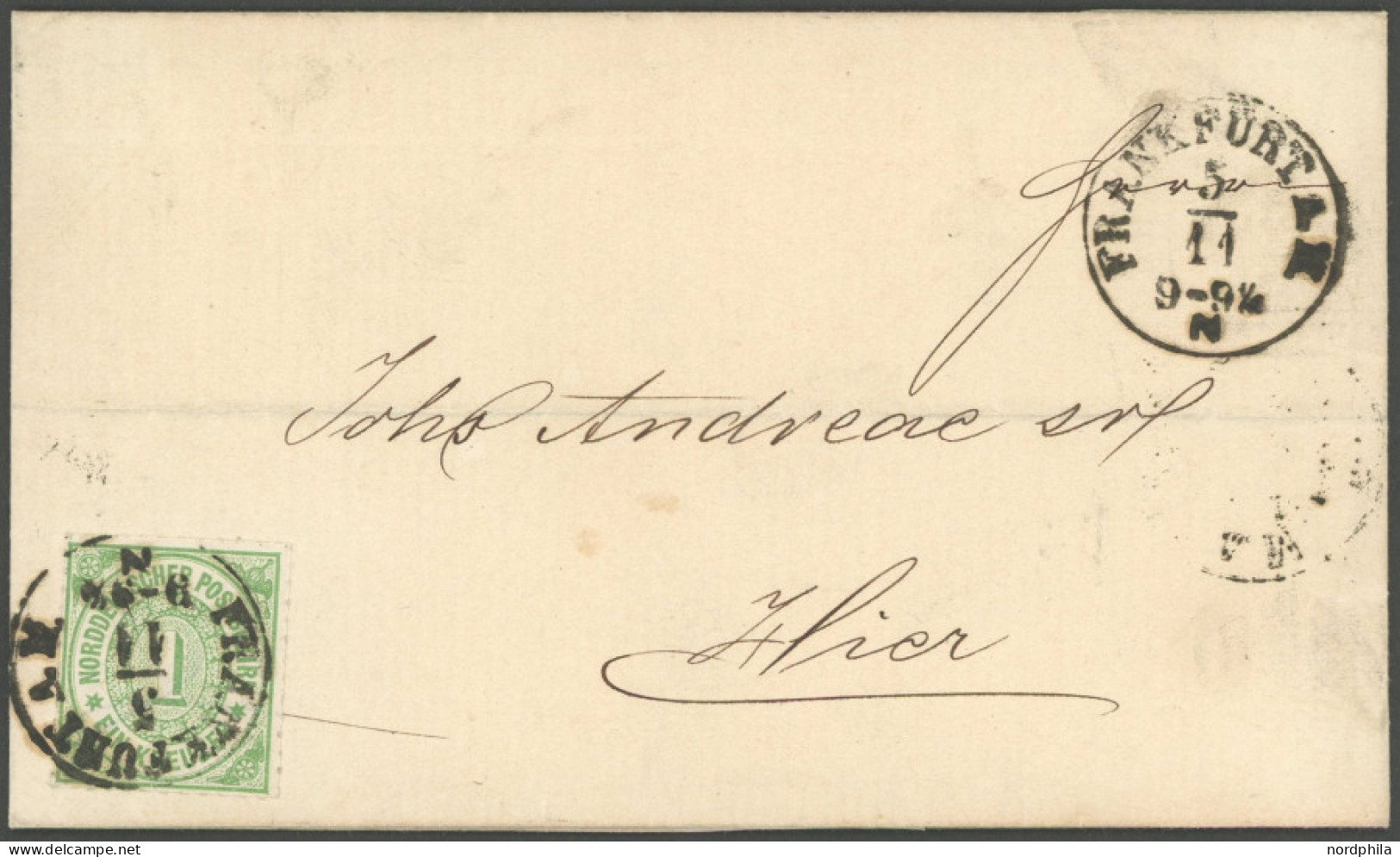 NDP 7 BRIEF, 1868, 1 Kr. Gelblichgrün, Einzelfrankatur Auf Ortsbrief FRANKFURT A.M., Pracht - Autres & Non Classés
