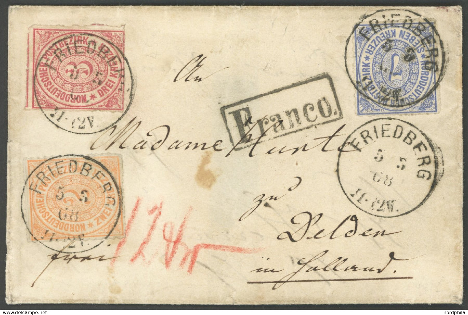 NDP 8-10 BRIEF, 1868, 2 - 7 Kr. Dreifarbenfrankatur Auf Kleinem Dekorativen Prachtbrief Von FRIEDBERG Nach Holland - Otros & Sin Clasificación