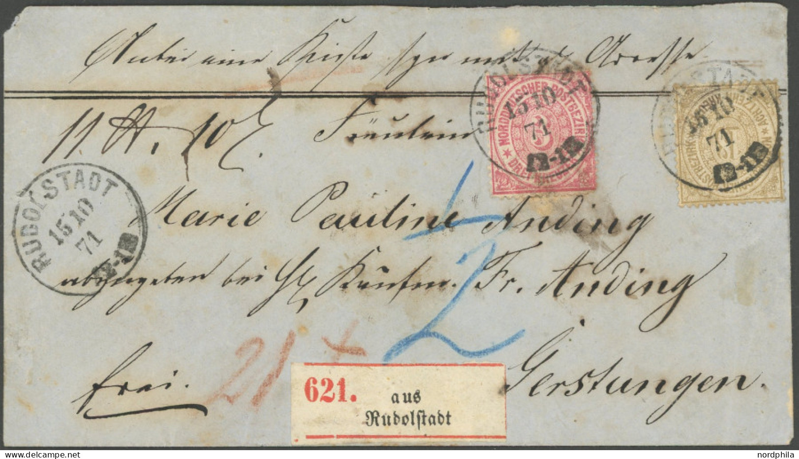 NDP 21,23 BRIEF, 1871, 18 Kr. Olivbraun Mit 3 Kr. Karmin Auf Portogerechtem Paketbegleitbrief Von RUDOLSTADT Nach Gerstu - Sonstige & Ohne Zuordnung