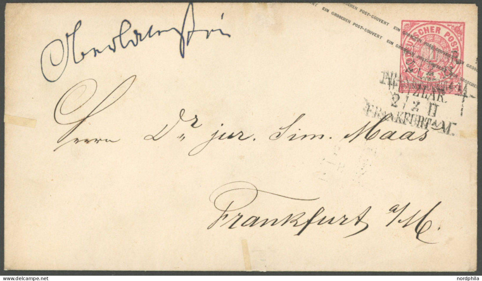 NDP U 1bA BRIEF, 1868, 1 Gr. Rosa, Schwarzer Überdruck, L3 WETZLAR FRANKFURT II, Pracht - Entiers Postaux