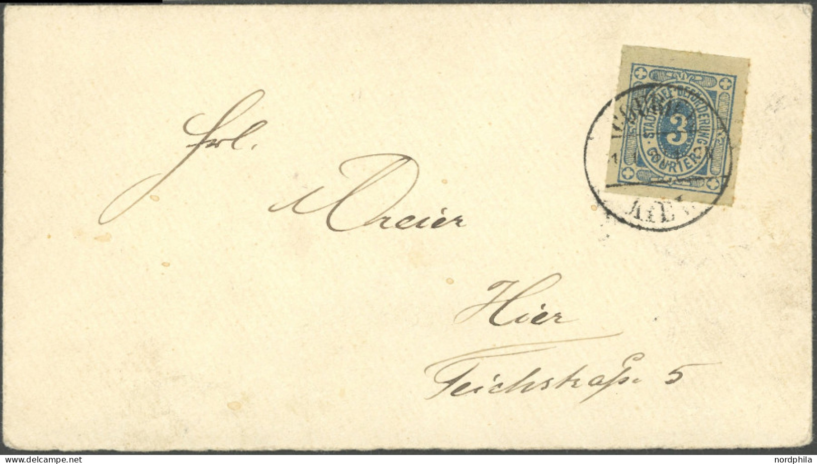 KIEL A IV BRIEF, COURIER: 1895, 3 Pf. Blau Düsseldorf, Farblos Durchstochen Mit Stempel COURIER KIEL Auf Ortsbrief, Rück - Privatpost