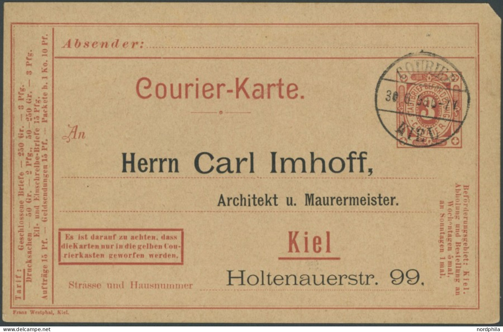 KIEL A P 16Z BRIEF, COURIER: 1898, 3 Pf. Rot Mit Zudruck Carl Imhoff, Stempel 30.6.98, Prachtkarte - Postes Privées & Locales