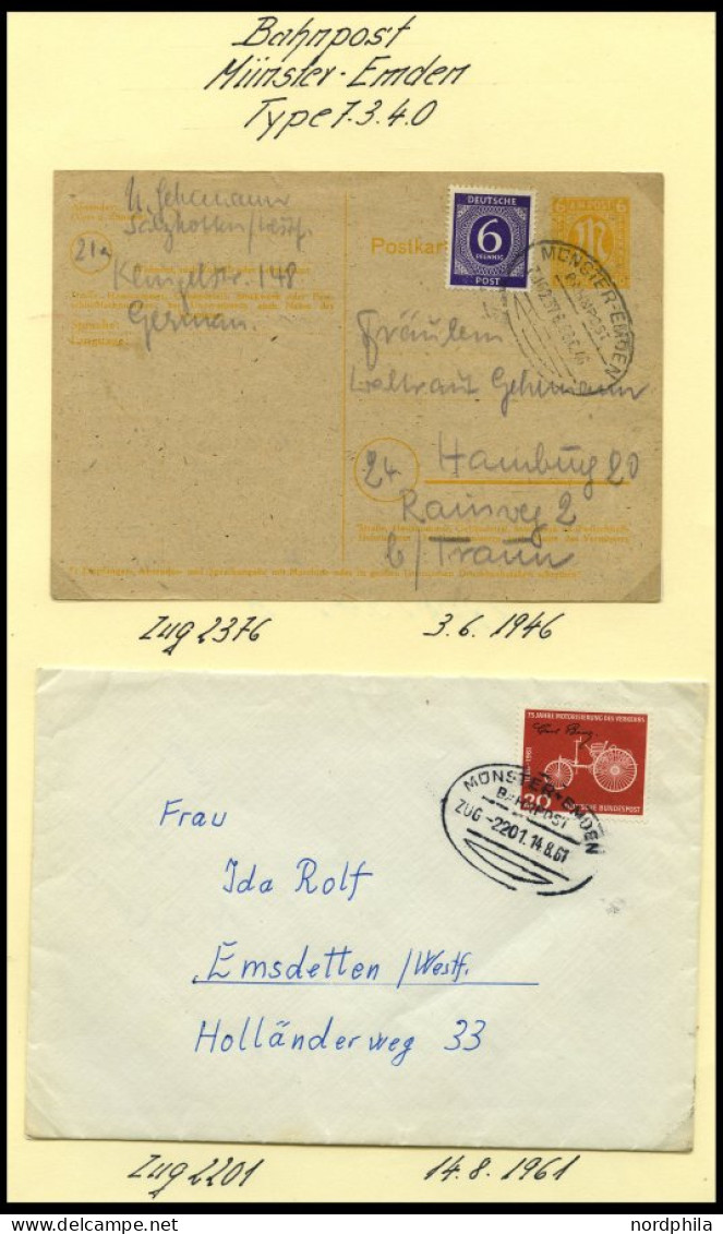 BAHNPOST Münster-Emden (verschiedene Züge Und Typen), 1896-1961, 12 Belege, Ein Briefstück Und Eine Beutelfahne, Meist P - Maschinenstempel (EMA)