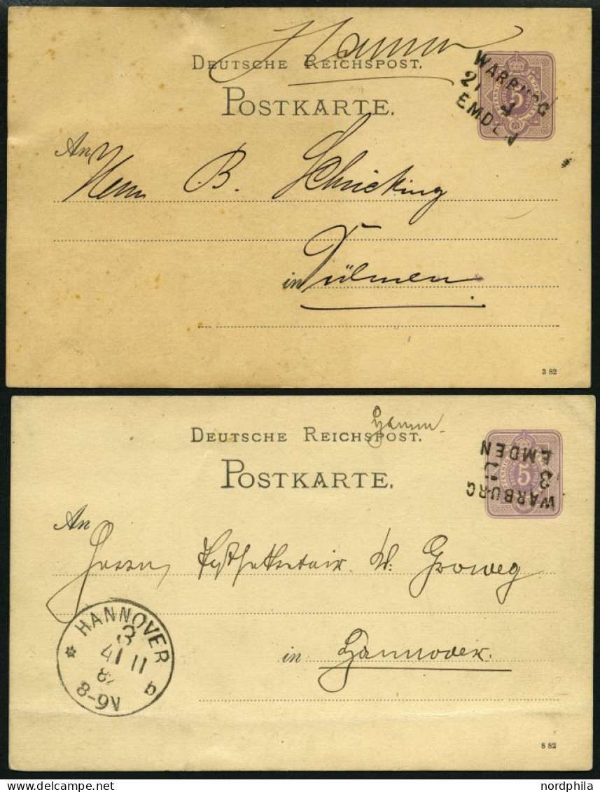 BAHNPOST Warburg-Emden, L3, Je Auf 5 Pf. Ganzsachenkarte Von 1882, 2 Karten Feinst - Maschinenstempel (EMA)