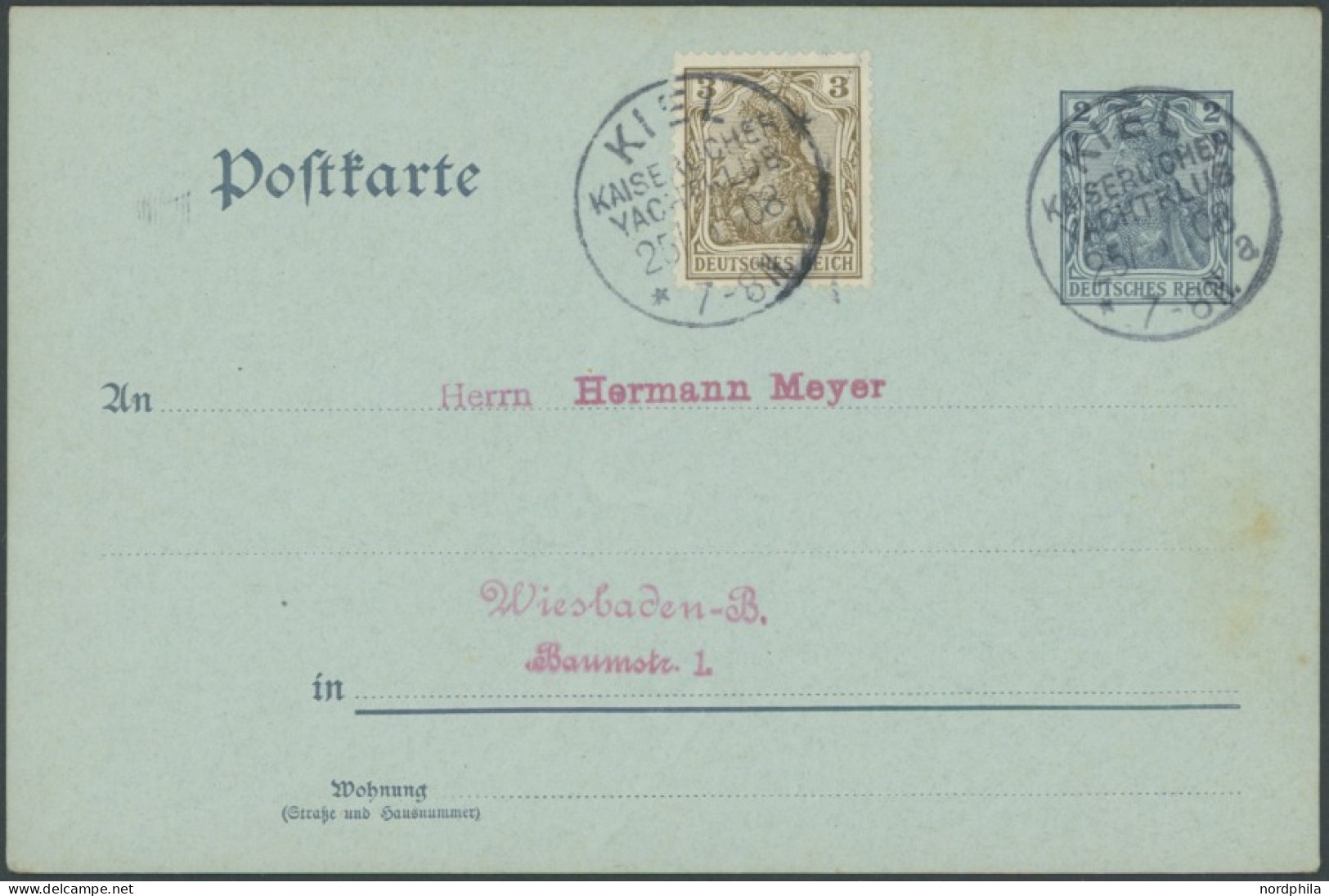 SST Bis 1918 05 BRIEF, KIEL KAISERLICHER YACHTCLUB A, 25.6.1908, Auf 2 Pf. Germania Ganzsachenkarte Mit 3 Pf. Zusatzfran - Covers & Documents