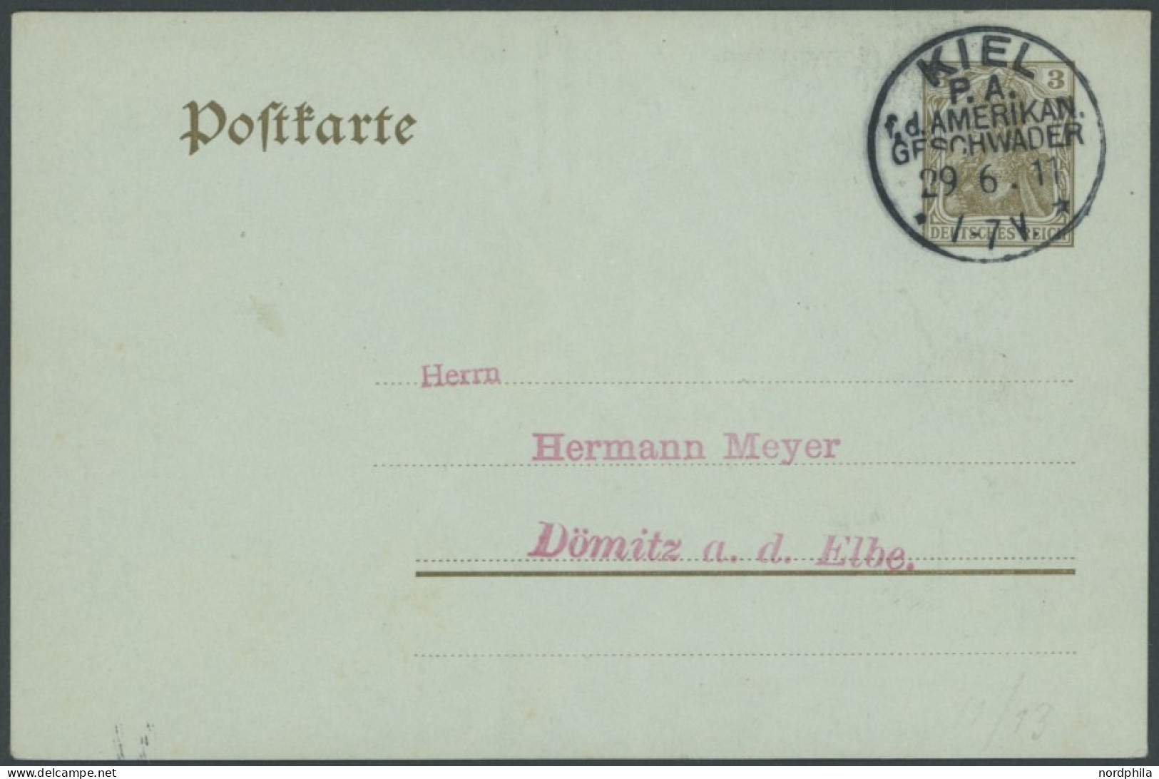 SST Bis 1918 12 BRIEF, KIEL P.A.f.d. AMERIKAN. GESCHWADER, 29.6.1911, Auf 3 Pf. Germania - Ganzsachenkarte, Rückseitig U - Lettres & Documents