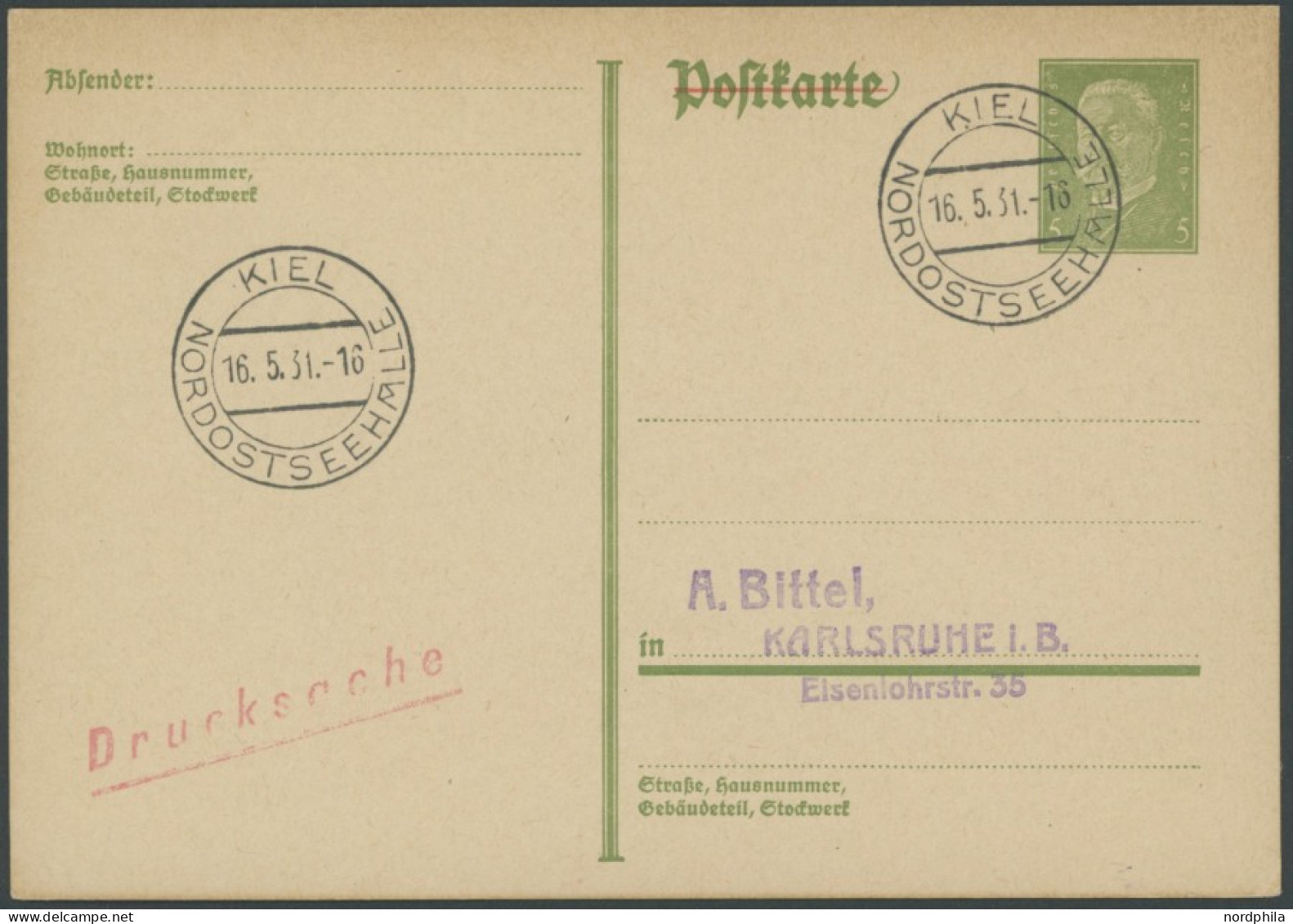 SST 1919-1932 30 BRIEF, KIEL NORDOSTSEEHALLE, 16.5.1931, Auf 5 Pf. Ganzsachenkarte, Pracht - Briefe U. Dokumente