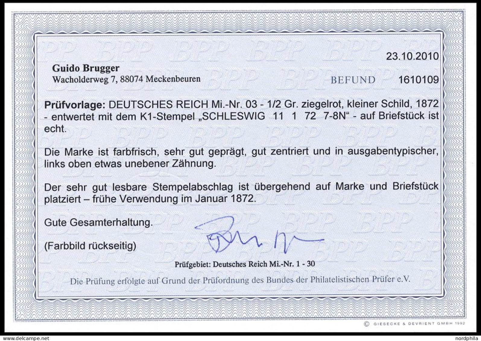 Dt. Reich 3 BrfStk, 1872, 1/2 Gr. Ziegelrot, K1 SCHLESWIG 11.1.72 (frühe Verwendung!), Normale Zähnung, Prachtbriefstück - Gebraucht