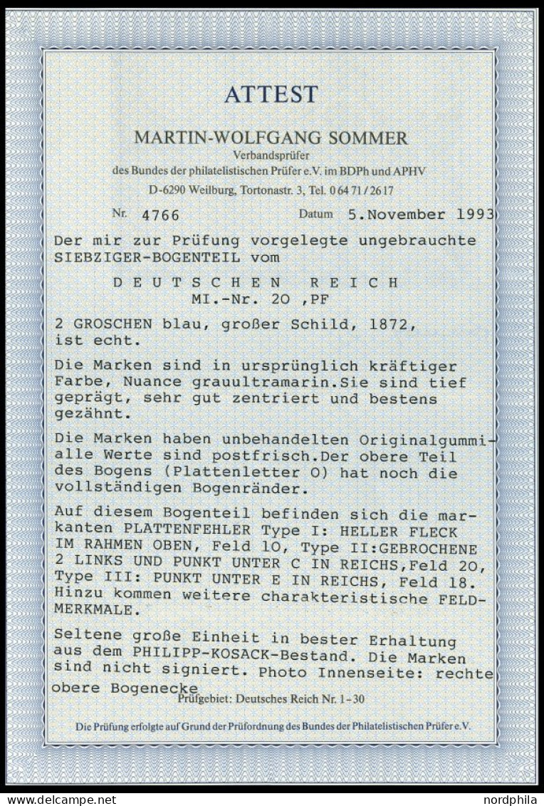 Dt. Reich 20 , 1872, 2 Gr. Ultramarin Im Postfrischen Neunerblock Aus Der Rechten Oberen Bogenecke, Dabei Die Plattenfeh - Neufs