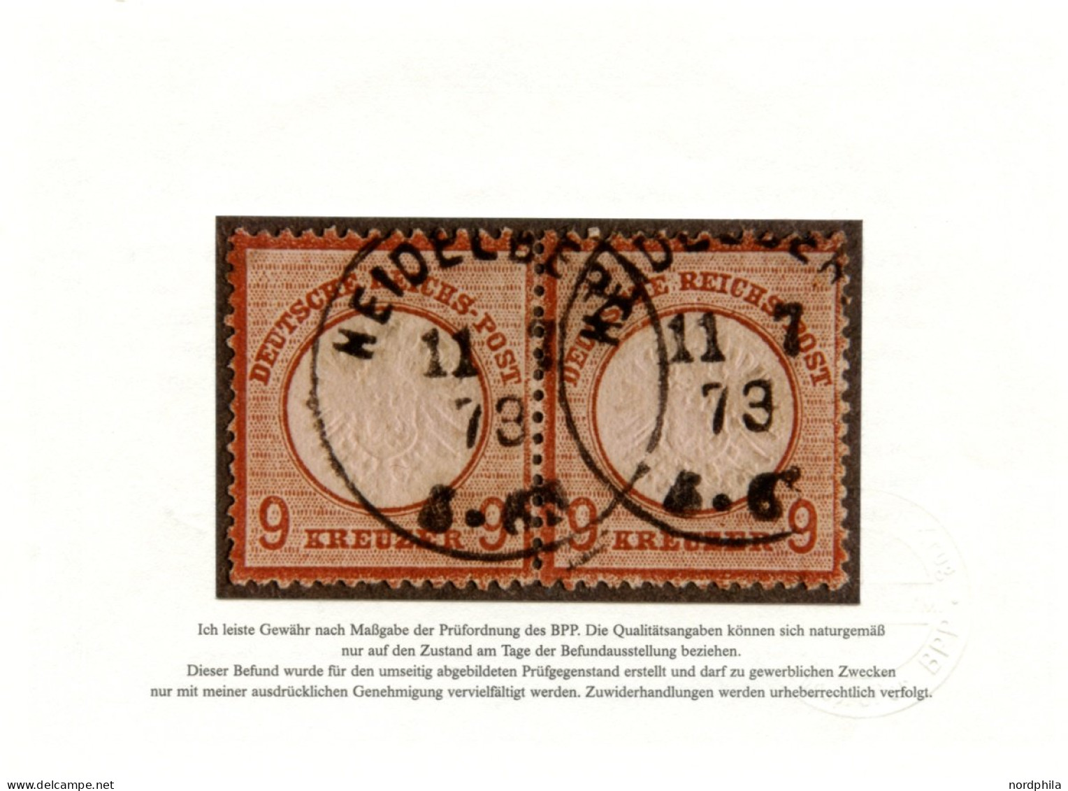 Dt. Reich 27b O, 1872, 9 Kr. Lilabraun, K1 HEIDELBERG, Farbfrisches Prachtstück, Fotobefund (eines Ehemaligen Paares) Kr - Used Stamps