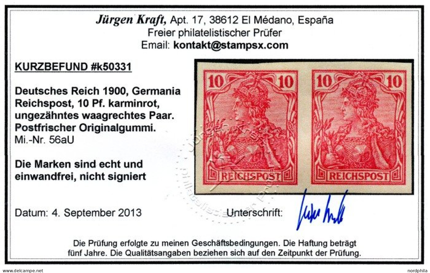 Dt. Reich 56aU , Deutsches Reich 1900, Nr. 56 AU, 10 Pf. Reichspost, Dunkelkarminrot, Ungezähntes, Postfrisches, Waagrec - Ongebruikt
