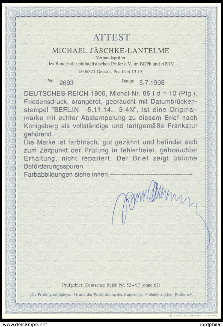 Dt. Reich 86Id BRIEF, 1914, 10 Pf. Orangerot Friedensdruck, Ideal Gestempelt BERLIN WILMERSDORF 1 Auf Portogerechter Ein - Sonstige & Ohne Zuordnung