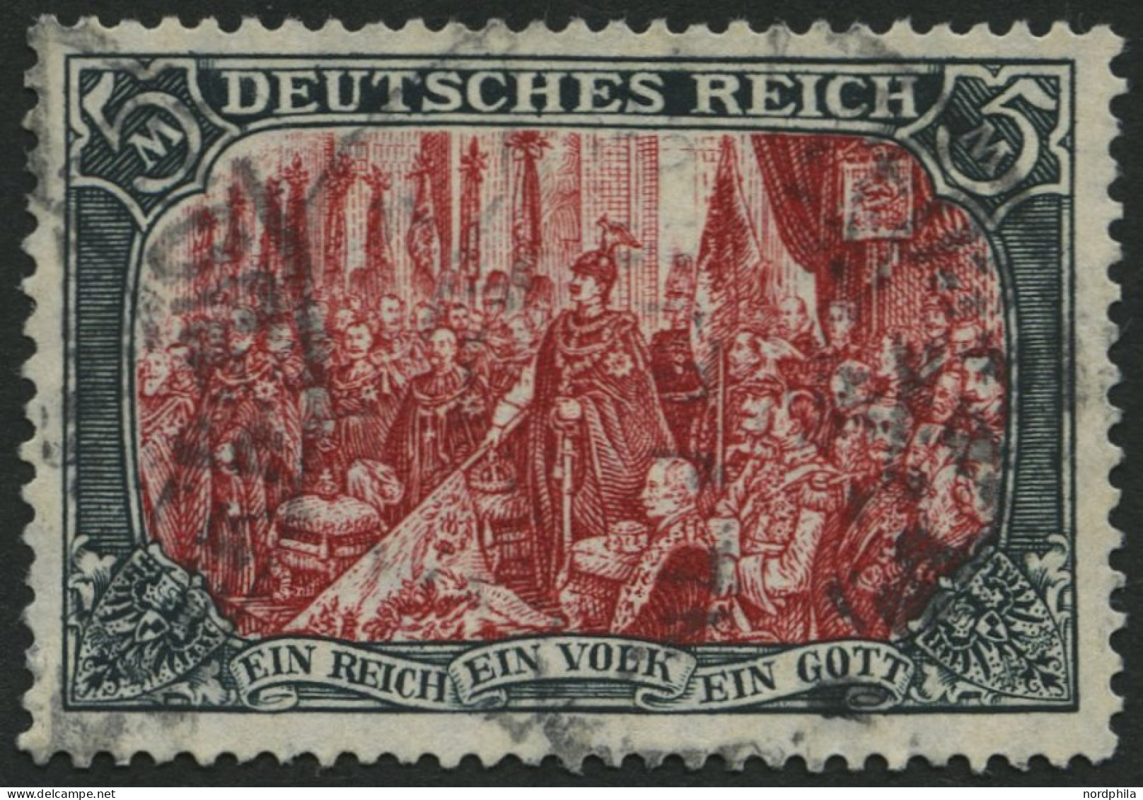 Dt. Reich 97AIa O, 1906, 5 M. Friedensdruck, Gelblichrot Quarzend, üblich Gezähnt Pracht, Gepr. Jäschke-L., Mi. 220.- - Used Stamps