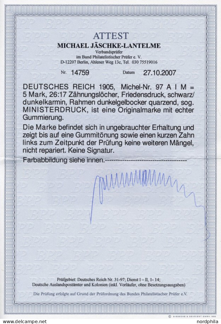 Dt. Reich 97AIM , 1905, 5 M. Ministerdruck, Rahmen Dunkelgelbocker Quarzend, Feinst (Gummitönung Und Ein Kurzer Zahn), F - Unused Stamps