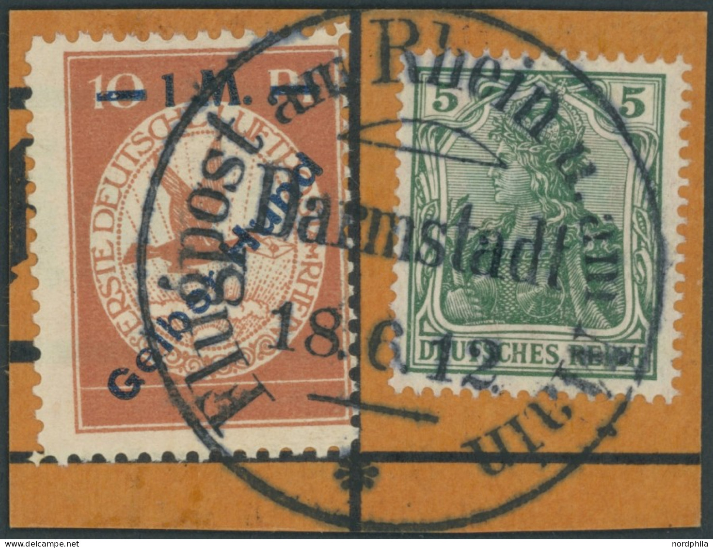 Dt. Reich IV BrfStk, 1912, 1 M. Auf 10 Pf. Gelber Hund, Prachtbriefstück, Mi. 200.- - Gebruikt