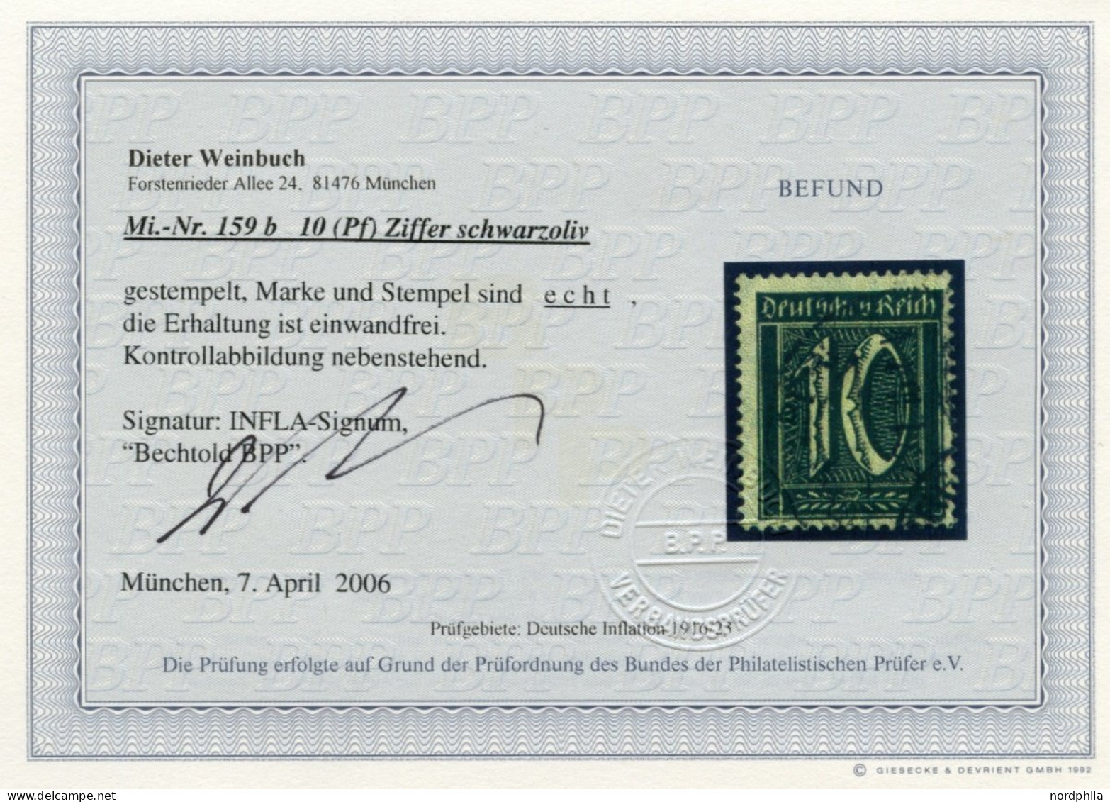 Dt. Reich 159b O, 1921, 10 Pf. Schwarzoliv, Pracht, Fotobefund Weinbruch, Mi. 350.- - Used Stamps