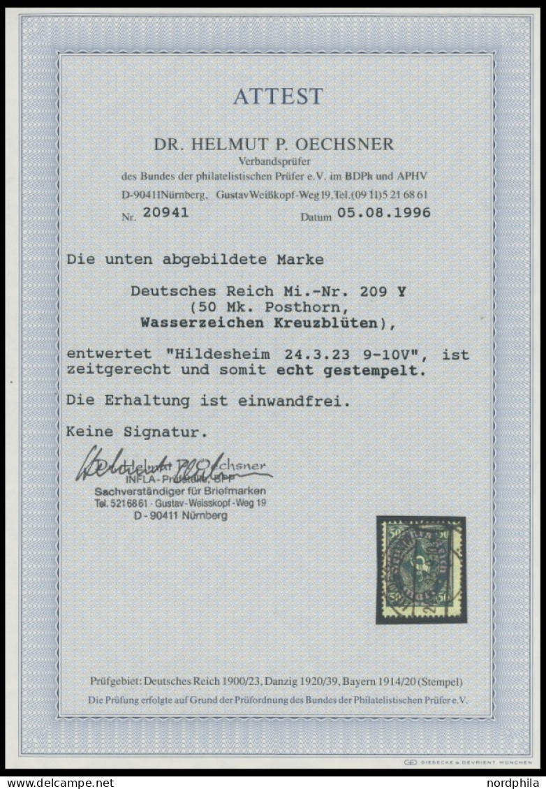 Dt. Reich 209PY O, 1922, 50 M. Schwarzbläulichgrün, Wz. Kreuzblüten, Stempel HILDESHEIM, Pracht, Fotoattest Dr. Oechsner - Oblitérés