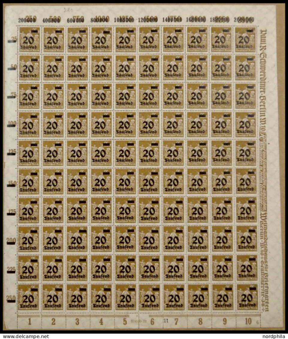 Dt. Reich 281AFVI , 1923, 20 Tsd. Auf 25 M. Ockerbraun Im Bogen (100) Mit HAN 8520.22, Feld 99 Mit Abart Kurzes S, Marke - Sonstige & Ohne Zuordnung