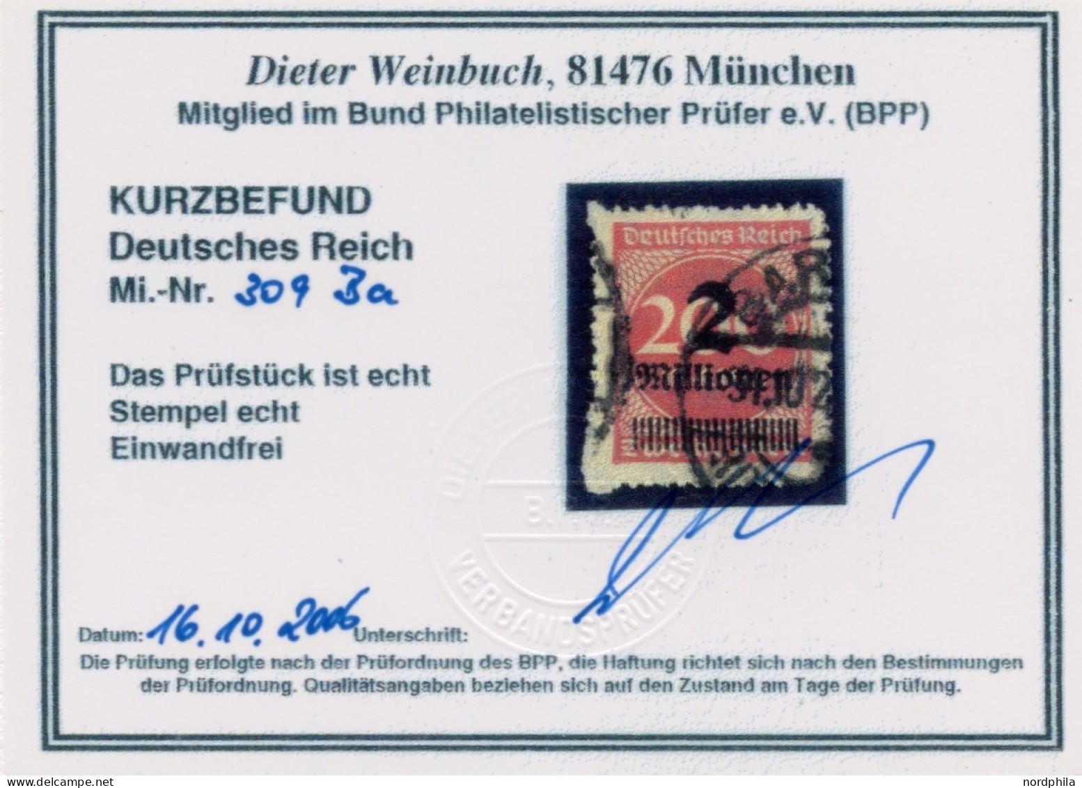 Dt. Reich 309Ba O, 1923, 2 Mio. Auf 200 M. Mattkarminrot, Durchstochen, Pracht, Gepr. Dr. Oechsner Und Kurzbefund Weinbr - Used Stamps