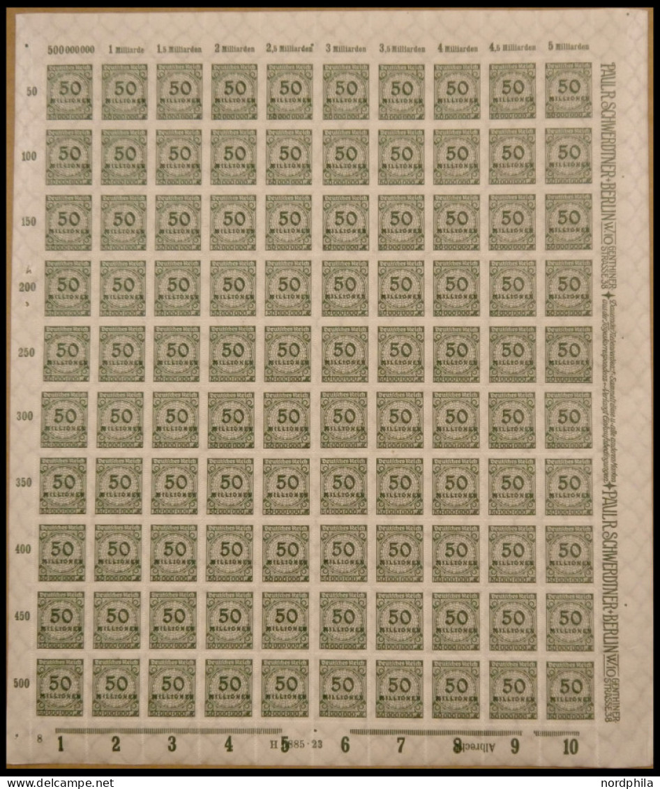 Dt. Reich 321B , 1923, 50 Mio. M. Schwärzlicholivgrün, Durchstochen, Im Bogen (100), Postfrisch, Pracht - Sonstige & Ohne Zuordnung