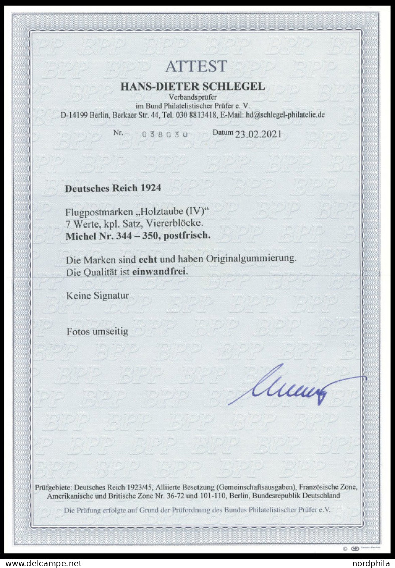 Dt. Reich 344-50 VB , 1924, Holztaube In Postfrischen Viererblocks, Prachtsatz, R!, Fotoattest H.D. Schlegel, Mi. (6000. - Altri & Non Classificati