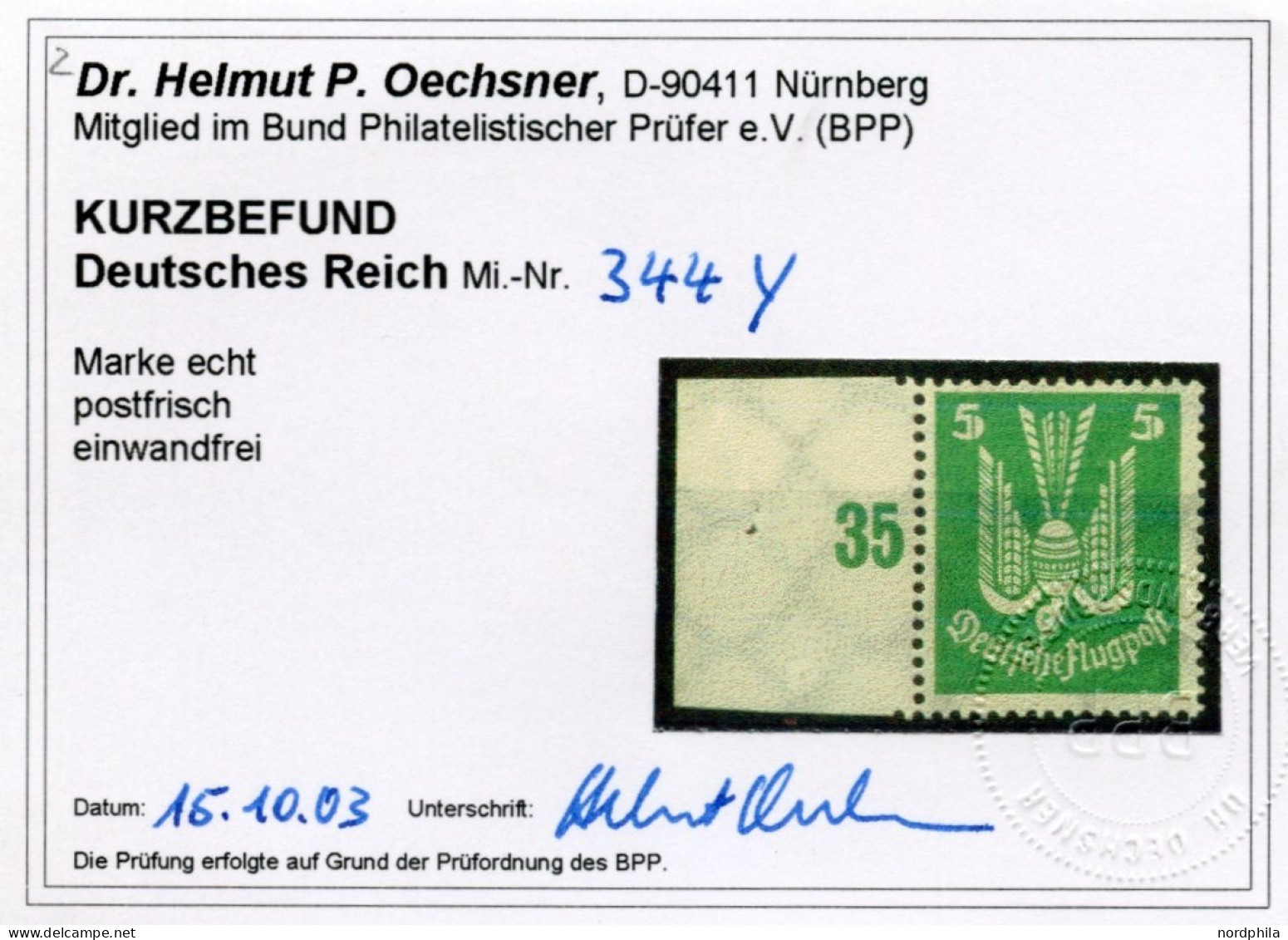 Dt. Reich 344Y , 1924, 5 Pf. Holztaube, Mit Liegendem Wasserzeichen, Pracht, Kurzbefund Dr. Oechsner, Mi. 440.- - Unused Stamps