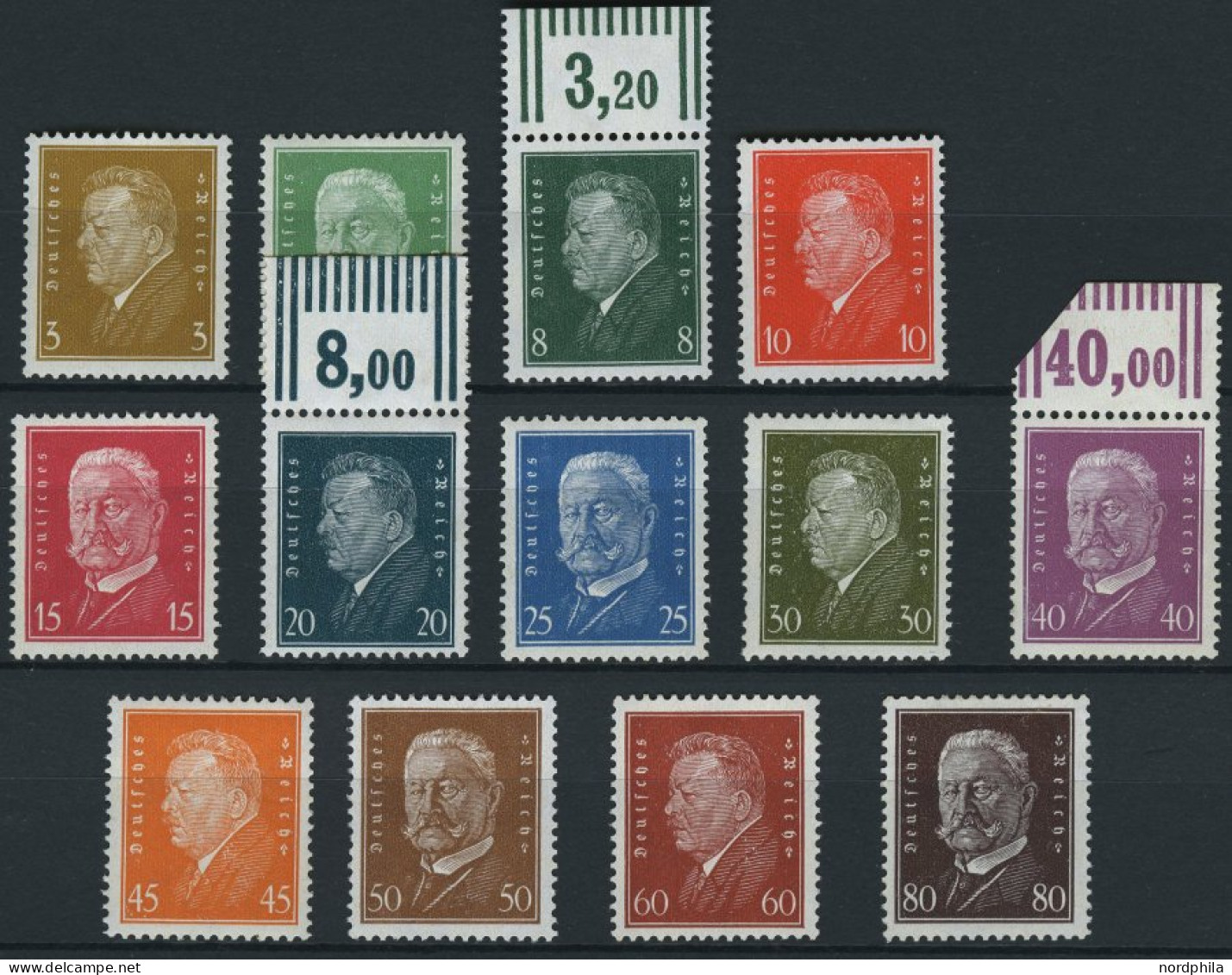 Dt. Reich 410-22 , 1928, Reichspräsidenten, 80 Pf. Herstellungsbedingter Gummiknitter, Normale Zähnung, Prachtsatz, Teil - Neufs